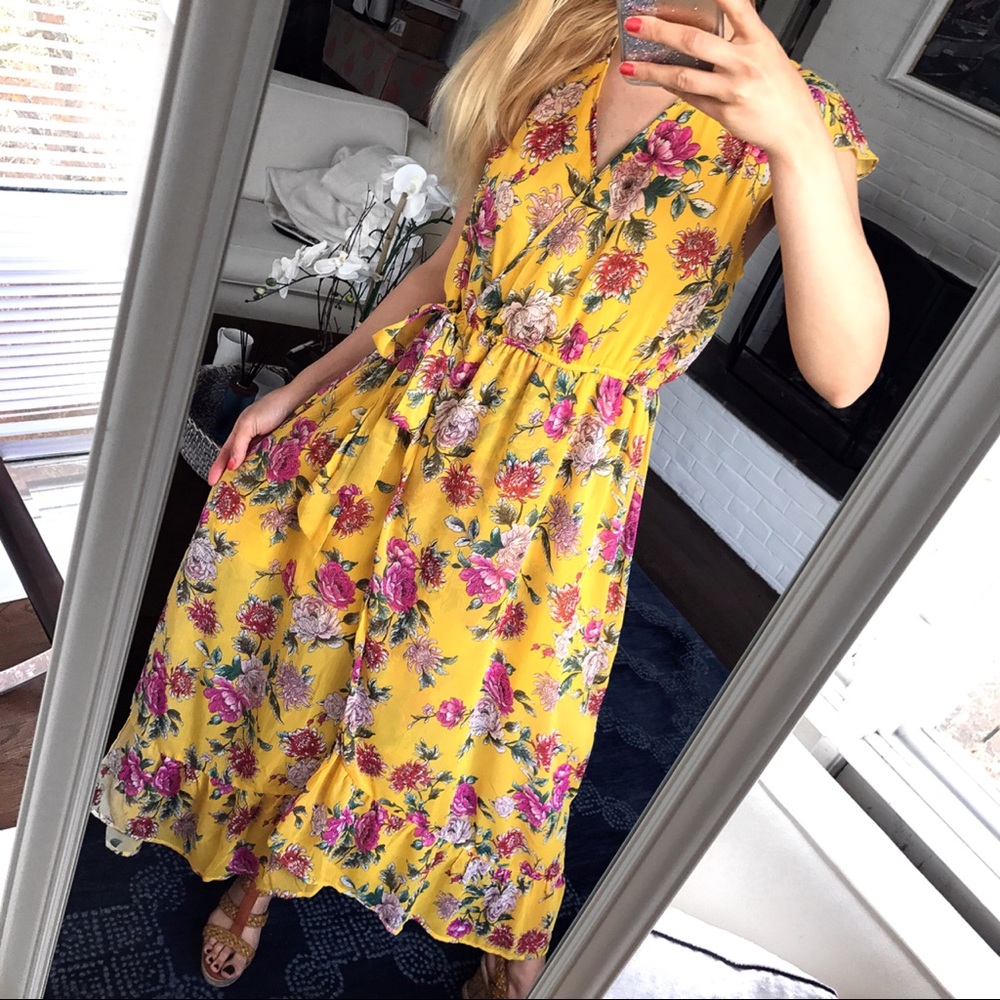 Band of Gypsies MUSTARD YELLOW FLOWY FLORAL MAXI DRESS! 🌻🌸🌼🌺